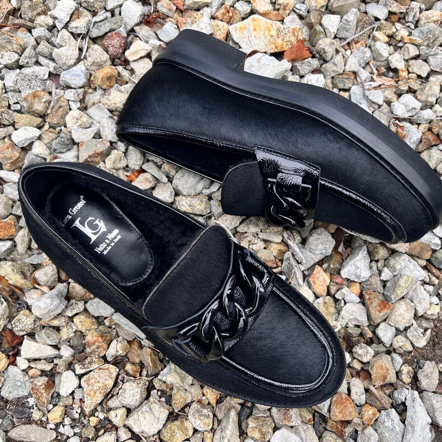 Luca Grossi Loafer  Black Pony  with Metal front hardware G882M