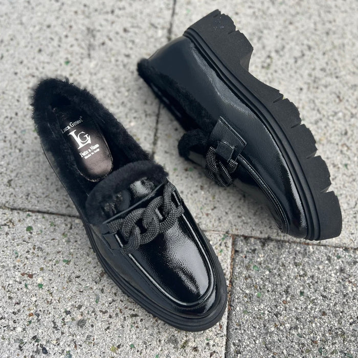 Luca Grossi Shoes Patent Fur lined Loafer with metal front detail K852M