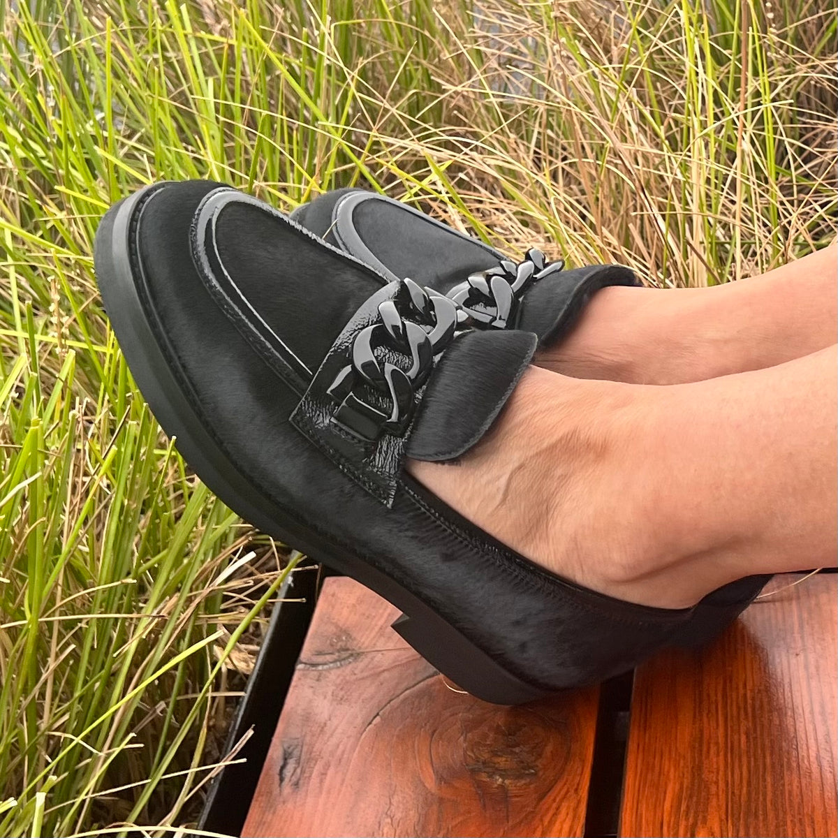 Luca Grossi Loafer  Black Pony  with Metal front hardware G882M