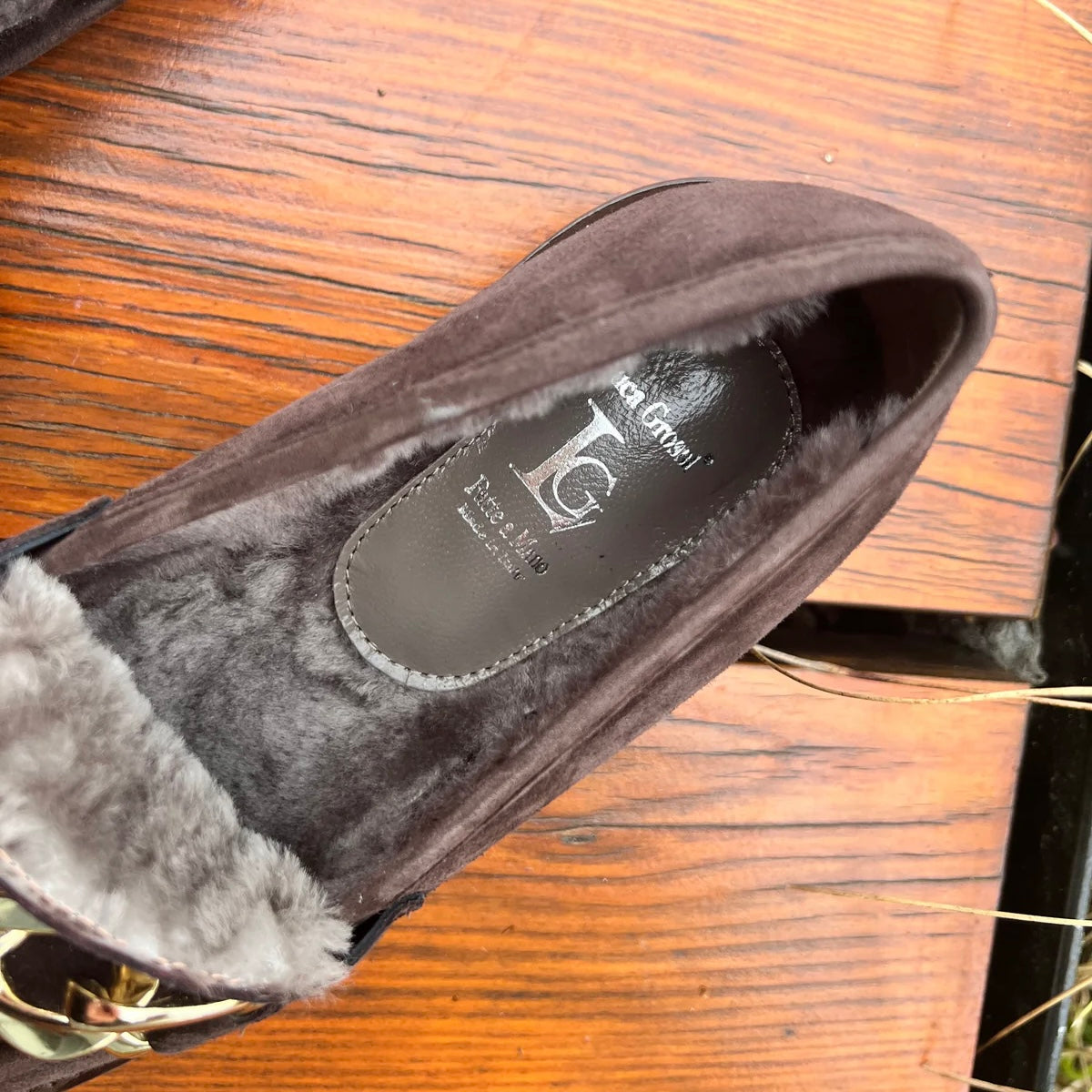 Luca Grossi Shoes Chocolate Fur lined with Gold detail G882M