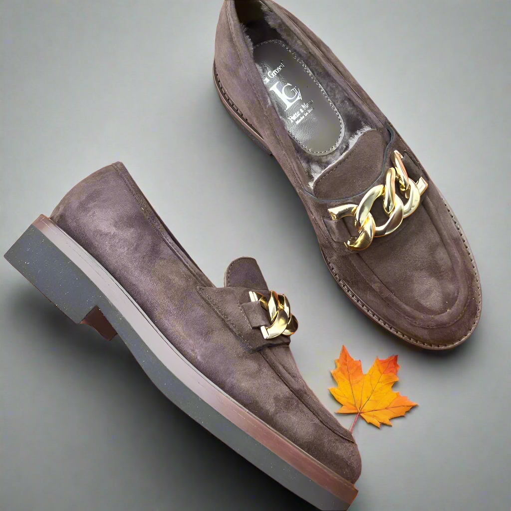 Luca Grossi Shoes Chocolate Fur lined with Gold detail G882M