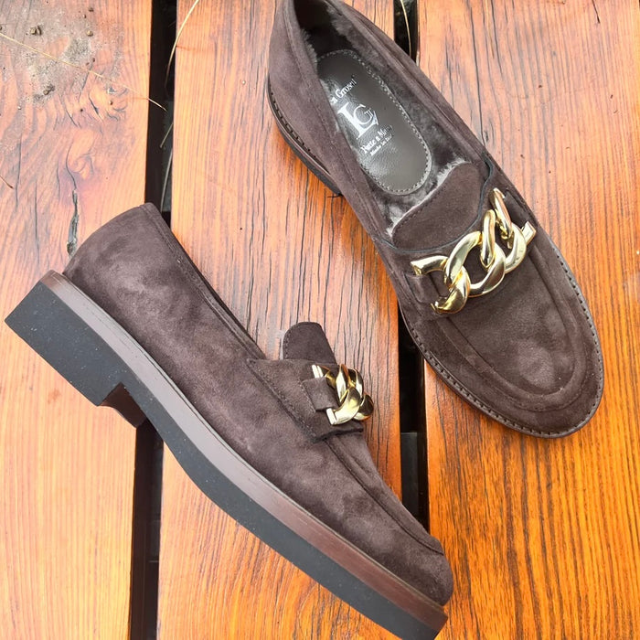 Luca Grossi Shoes Chocolate Fur lined with Gold detail G882M