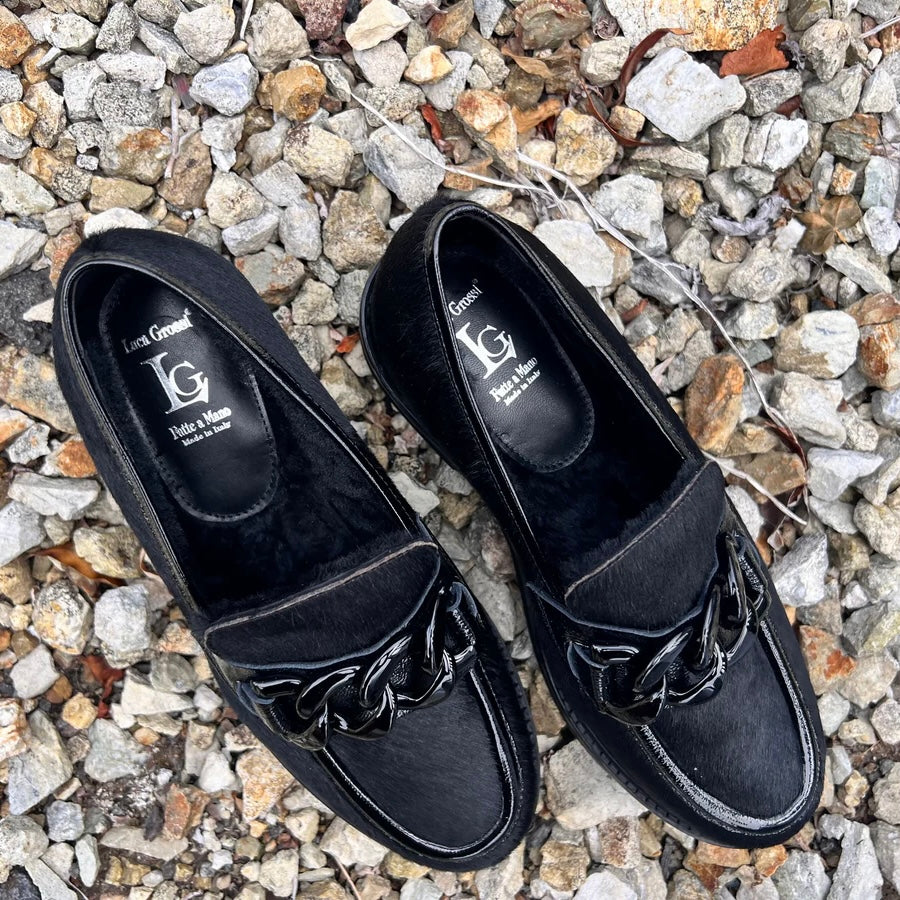 Luca Grossi Loafer  Black Pony  with Metal front hardware G882M