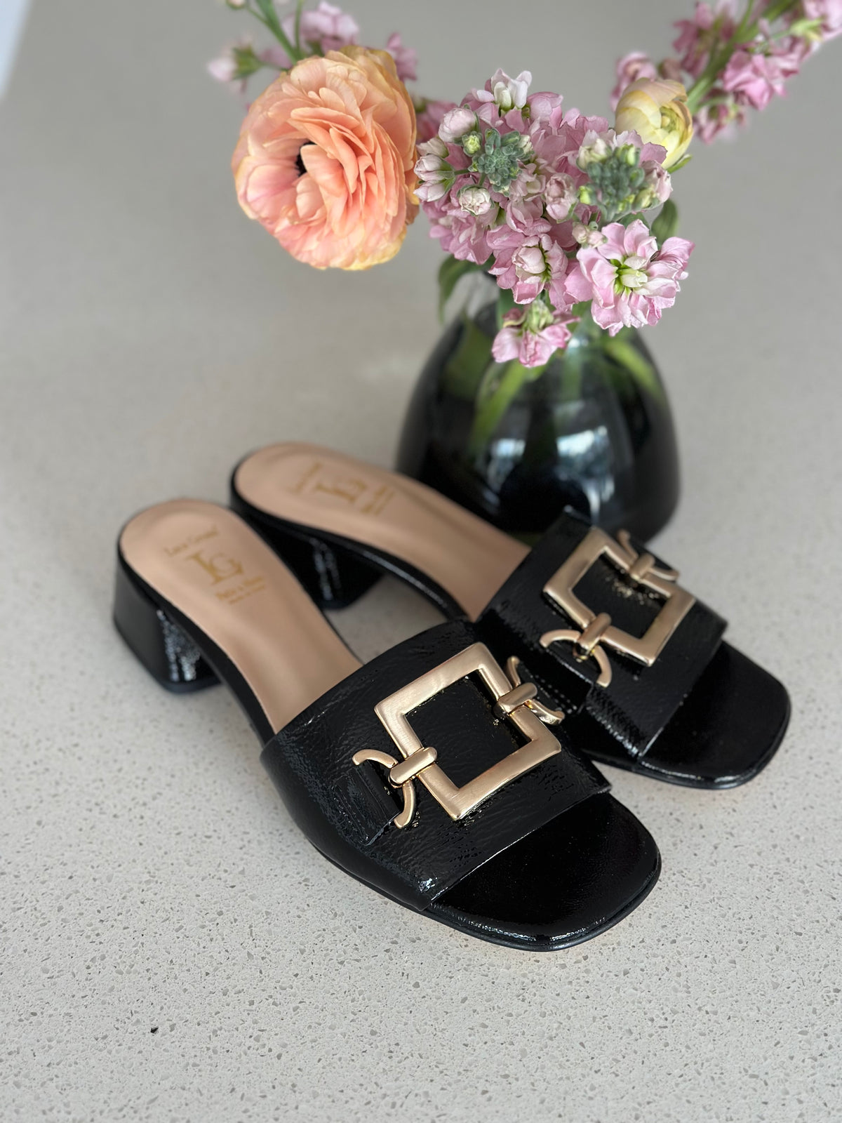 Luca Grossi  Slide Black Patent with Gold Buckle Naplak K481S