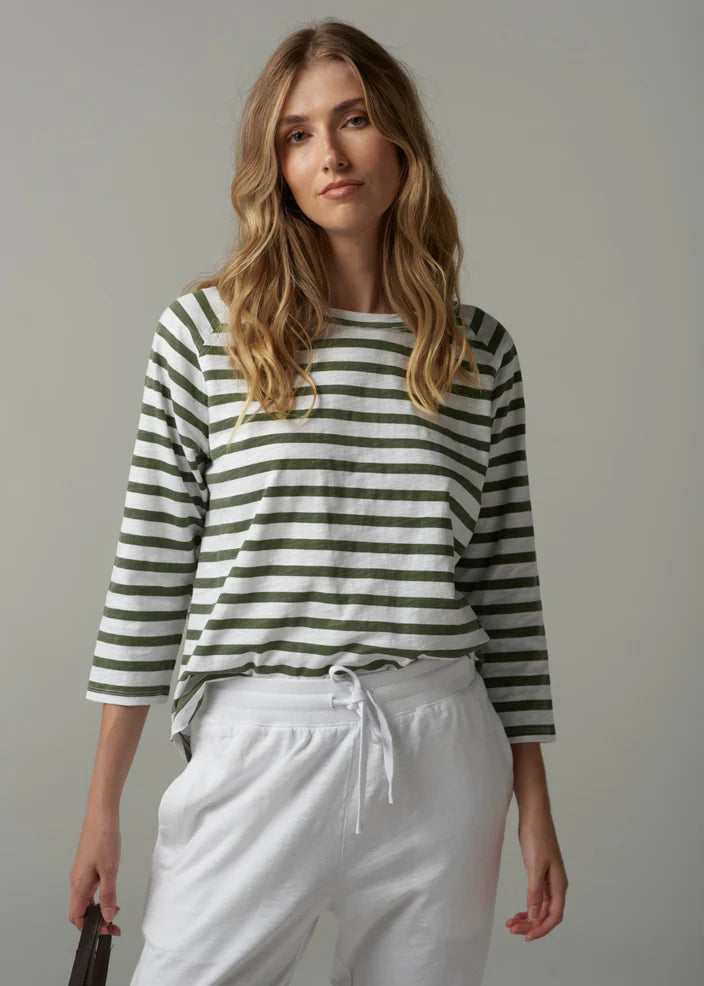 Cloth + Paper + Scissors White/Fairway Green Striped 3/4 Sleeve Tee C1387