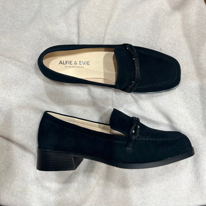 Alfie & Evie Vanessa Black Heeled Loafer with front detail