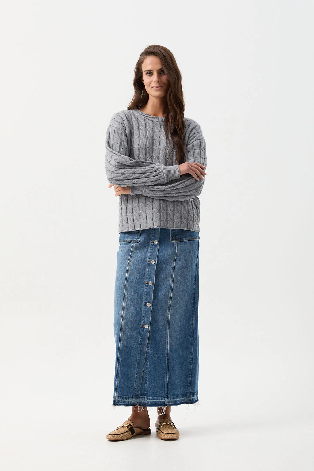 Cloth Paper Scissors Crew Neck Cable Chunky Knit Moody Blue C1834