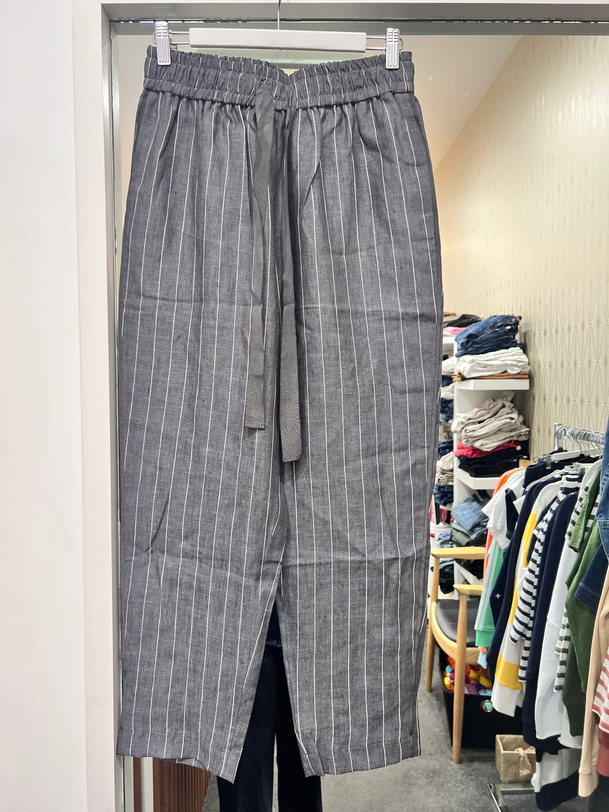 Etta 3/4 Charcoal/White Stripe Linen Pant