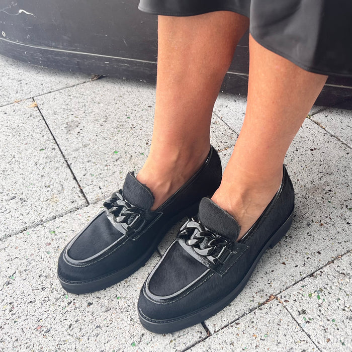 Luca Grossi Black Pony Loafer with Metal front hardware G882M
