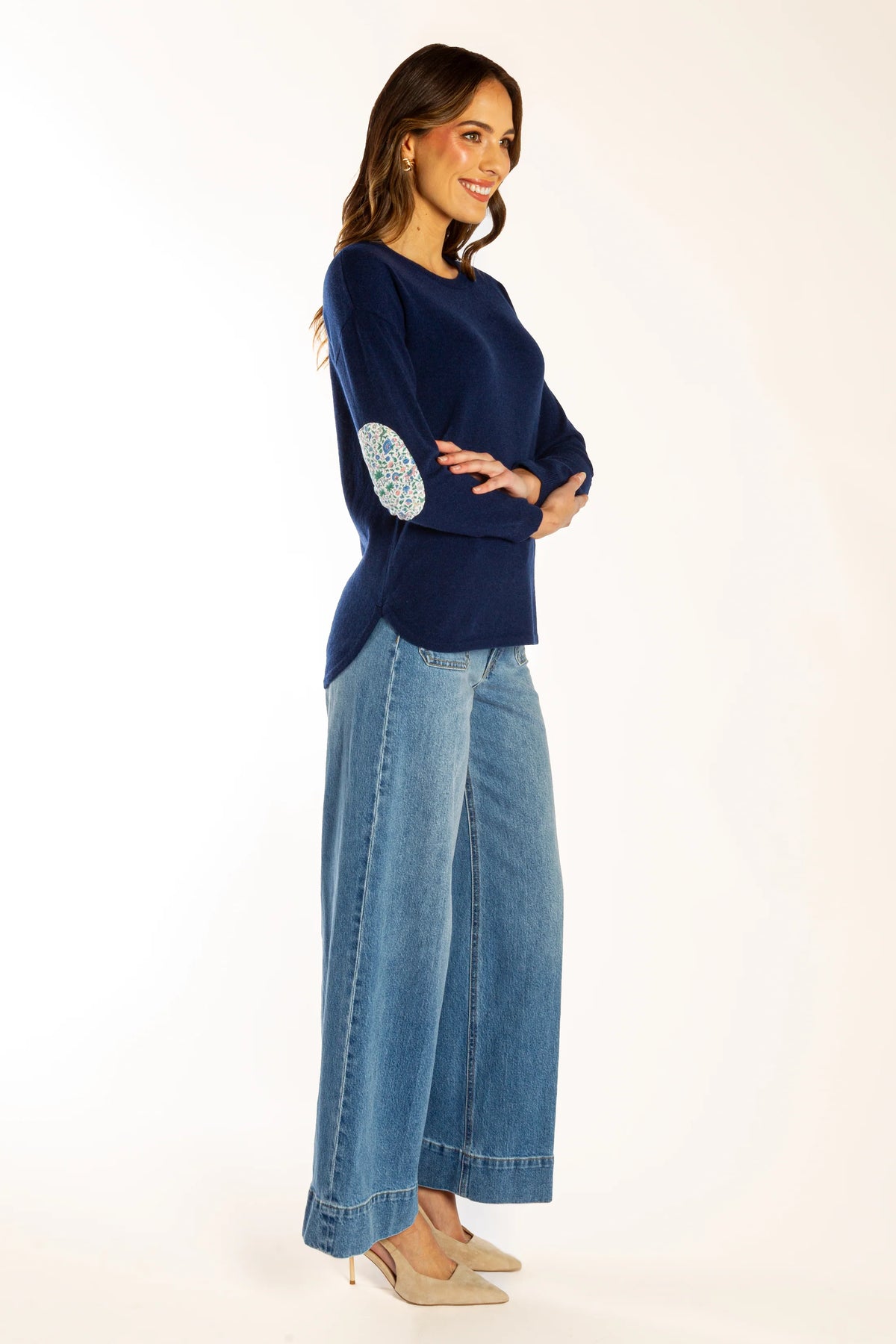 Bow And Arrow Jumper Ink Blue Swing w Liberty Elbow Patches