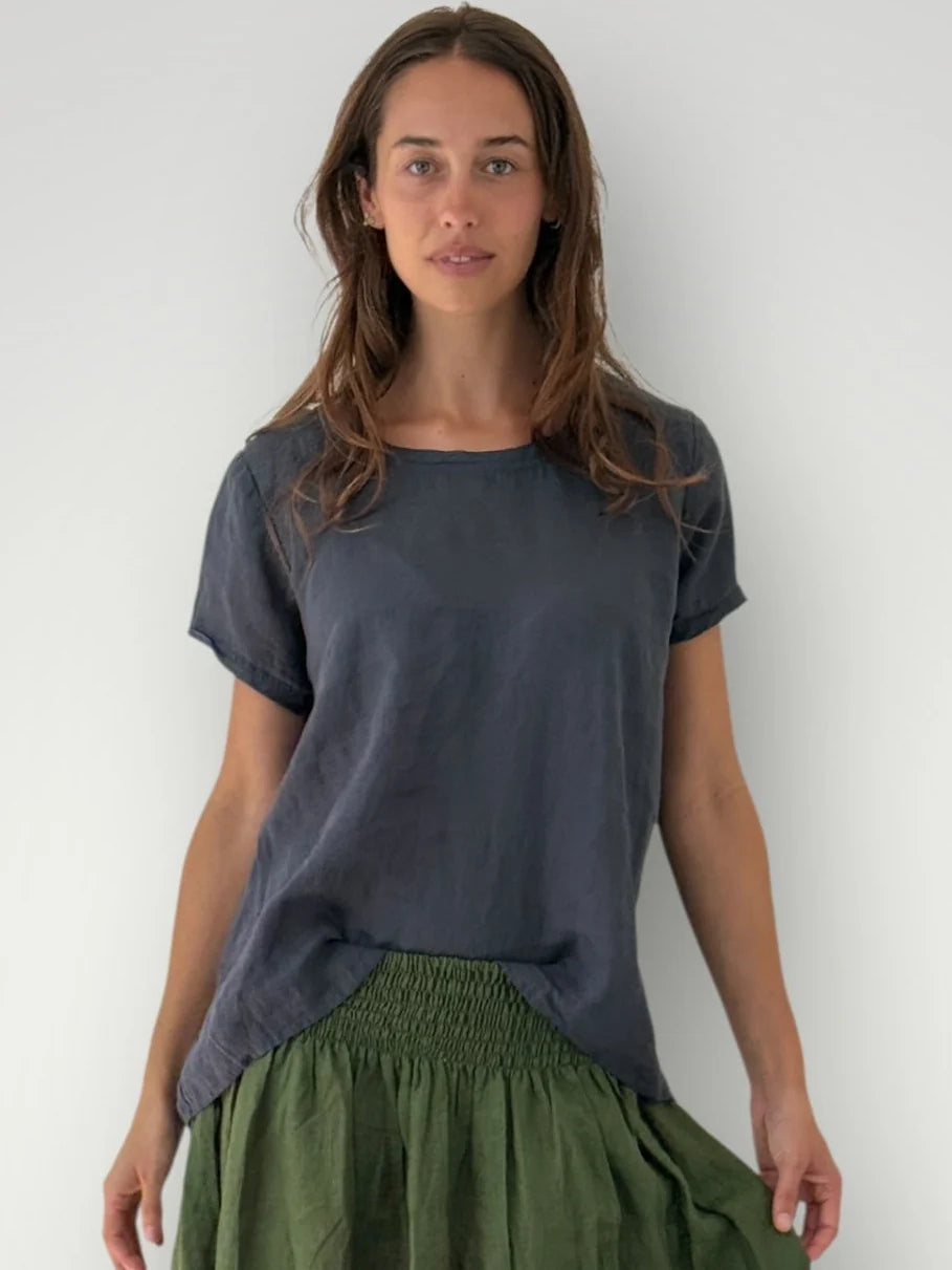 Frockk Top Ellie Round Neck Linen Charcoal