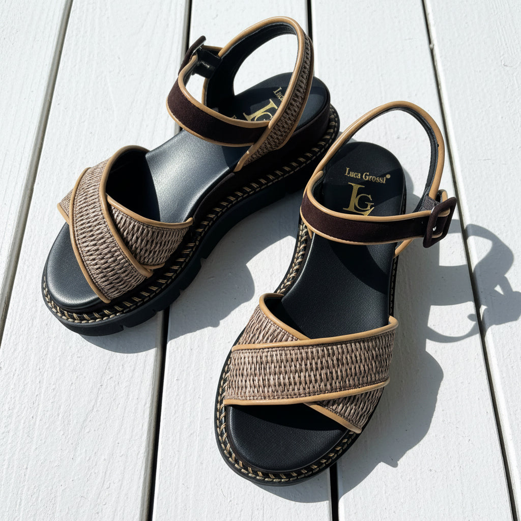 Luca Grossi Sandal Brown Raffia Crossover H893S