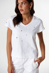 Cloth + Paper + Scissors Tee V Neck Embroidered White/Navy C13029-59