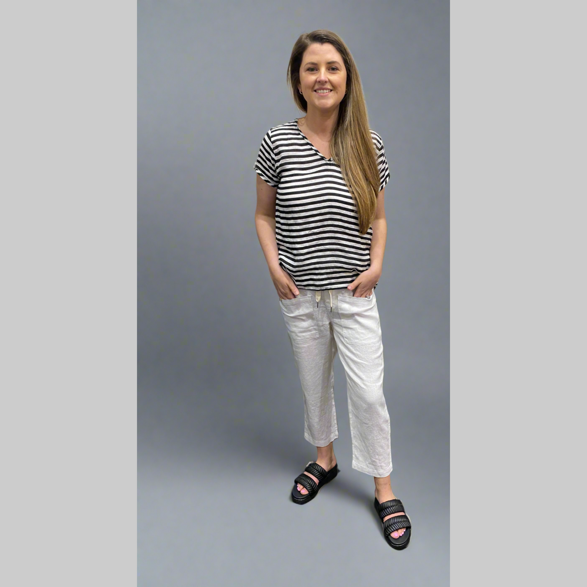 Frockk Tee Ellie V Neck Black Stripe