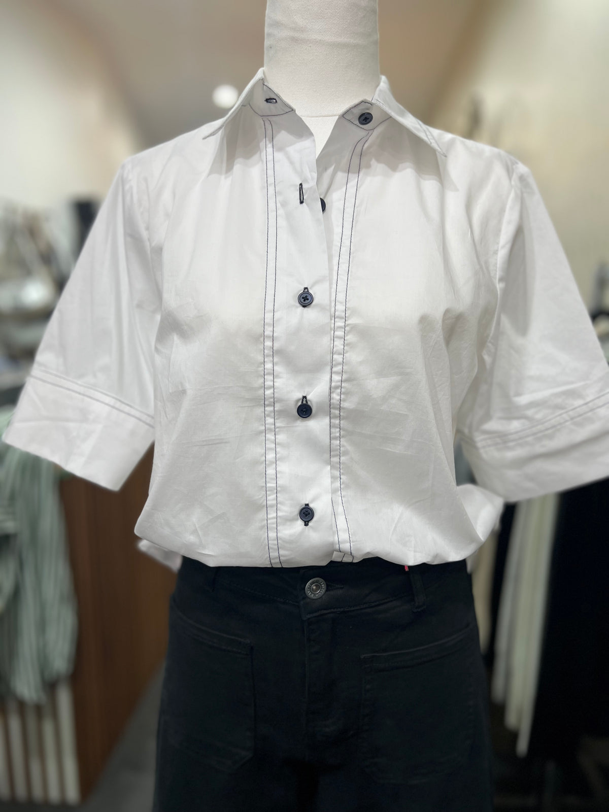 Etta Shirt Short Sleeve White/Navy Cotton Trim
