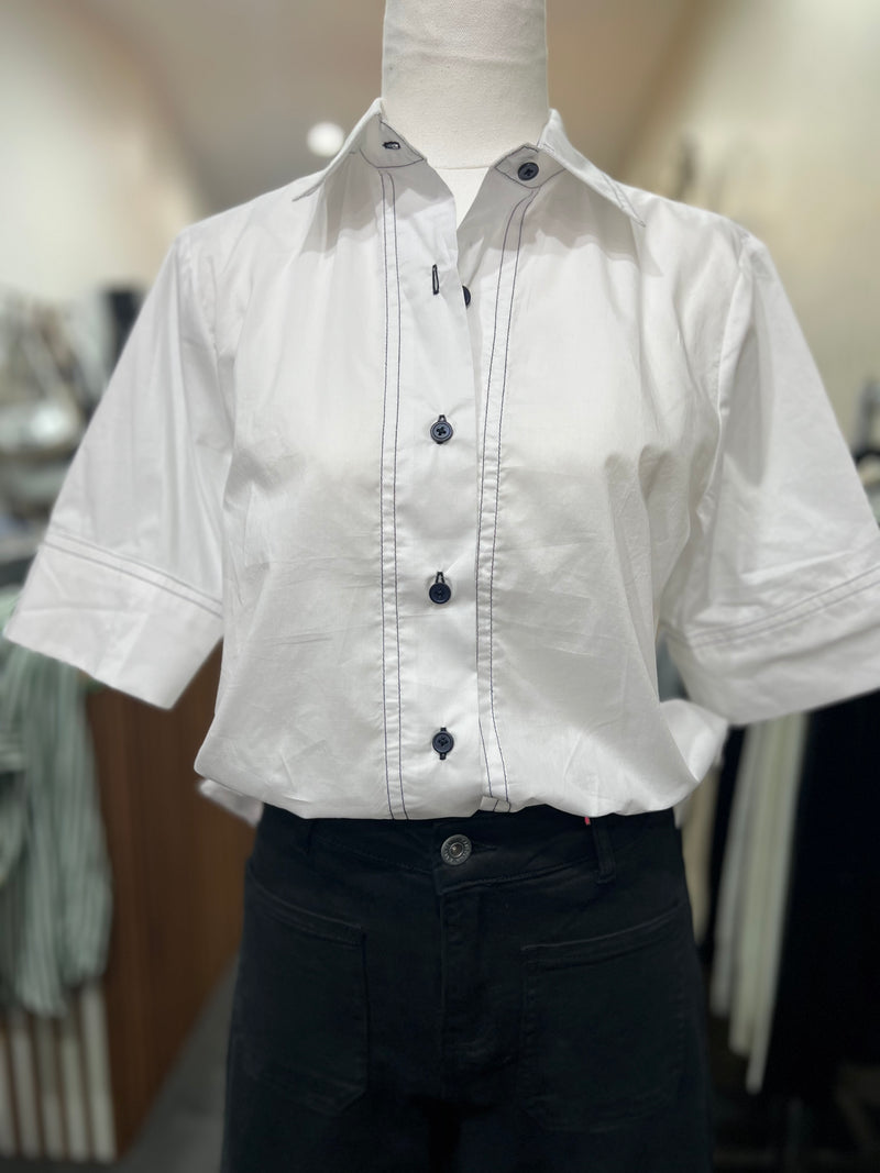 Etta Shirt Short Sleeve White/Navy Cotton Trim