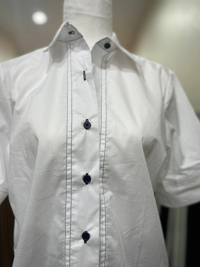 Etta Shirt Short Sleeve White/Navy Cotton Trim