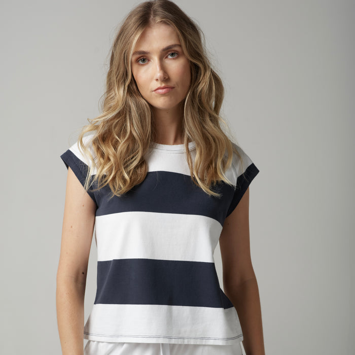 Cloth + Paper + Scissors White/Parisian Navy Striped Tee C13013