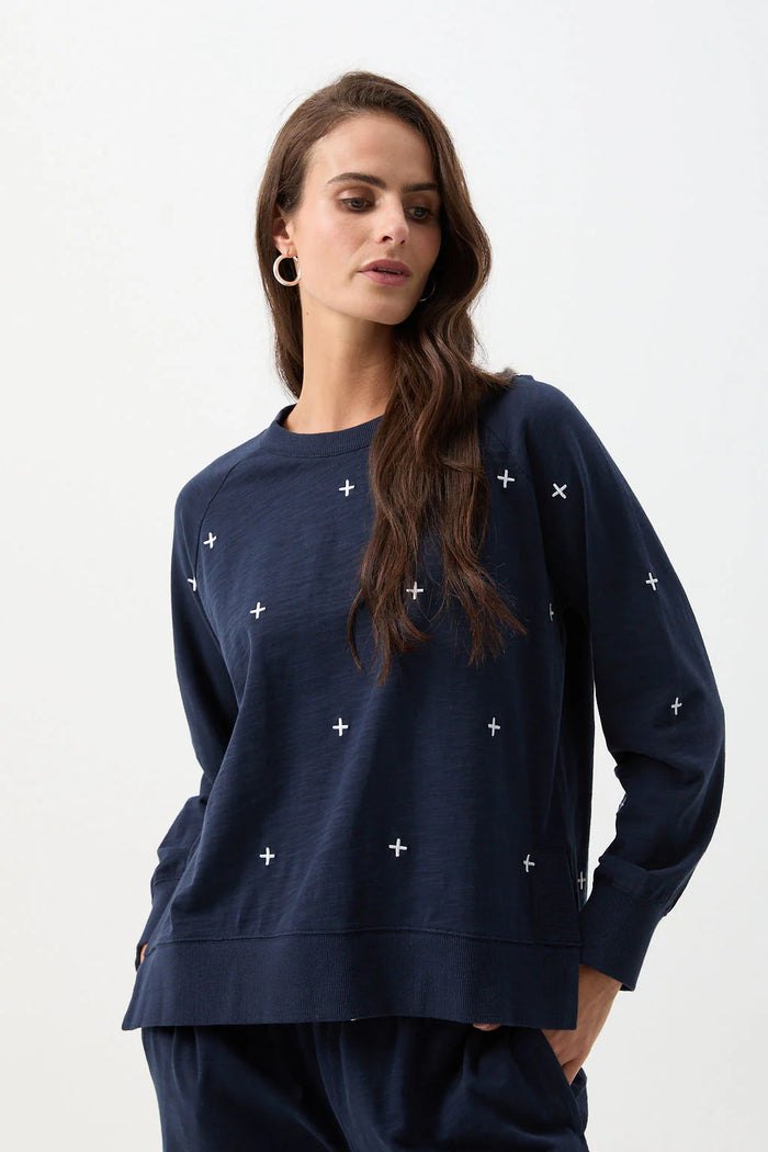 Cloth Paper Scissors Cotton Slub Cross Embroidered Sweater Parisian Night