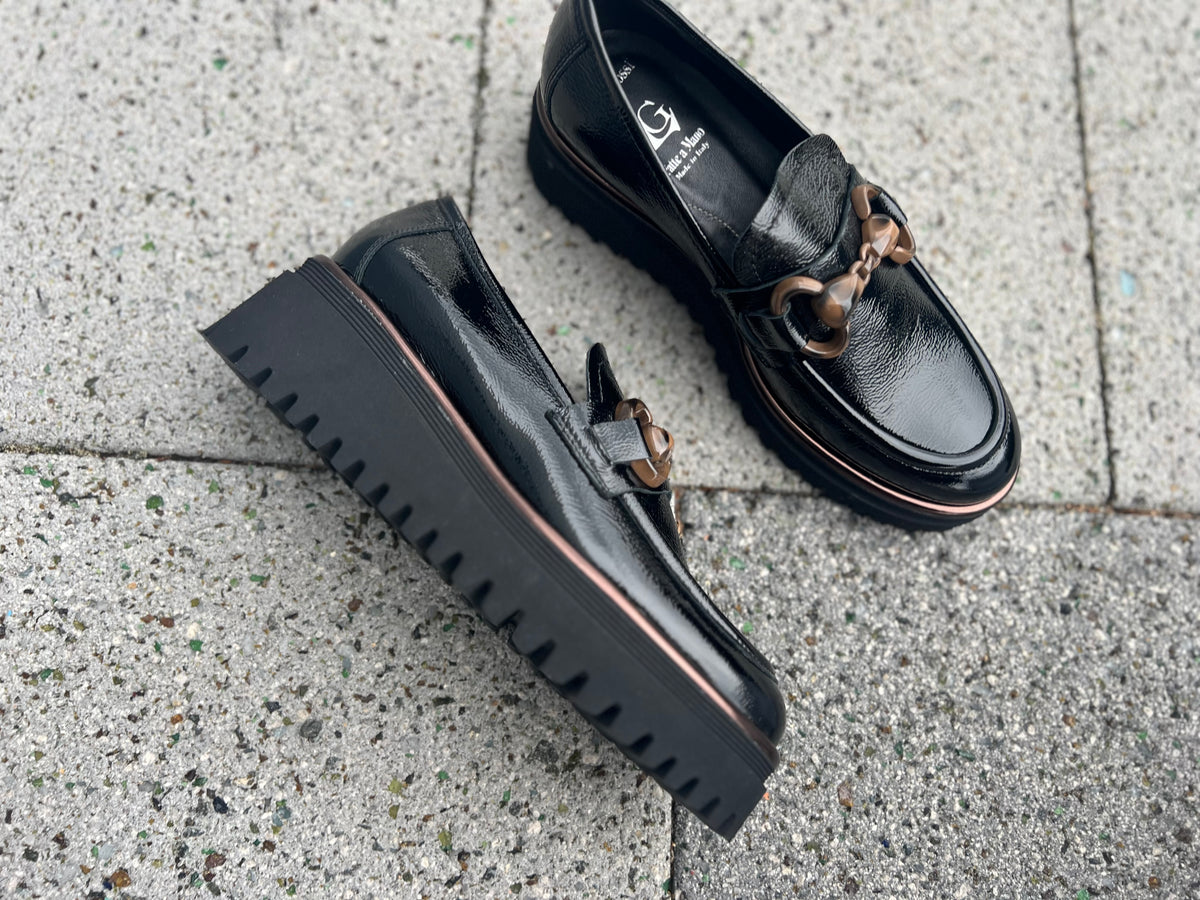 Luca Grossi Black Patent Chunky Loafer with Tortoise front detail K052M