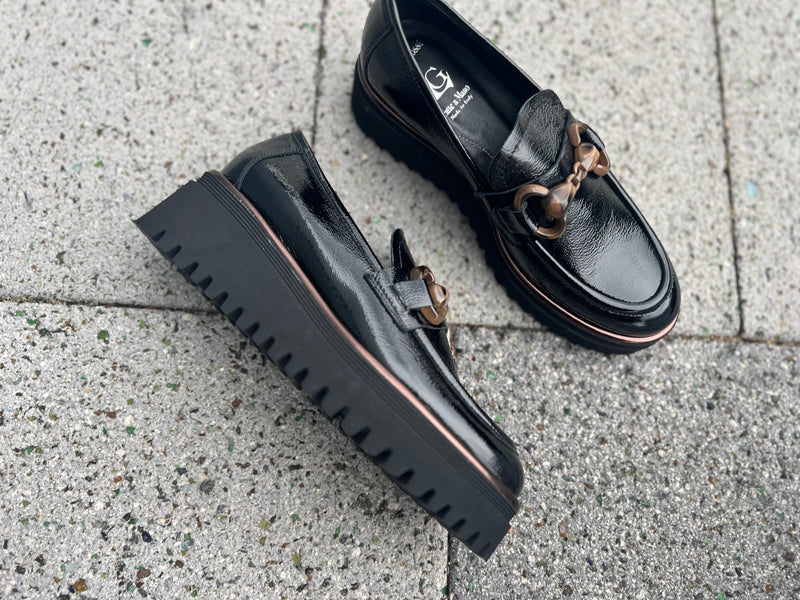 Luca Grossi Black Patent Chunky Loafer with Tortoise front detail K052M