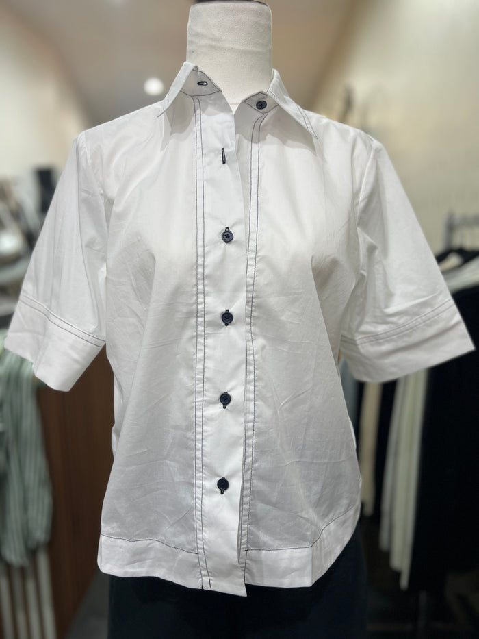 Etta Shirt Short Sleeve White/Navy Cotton Trim