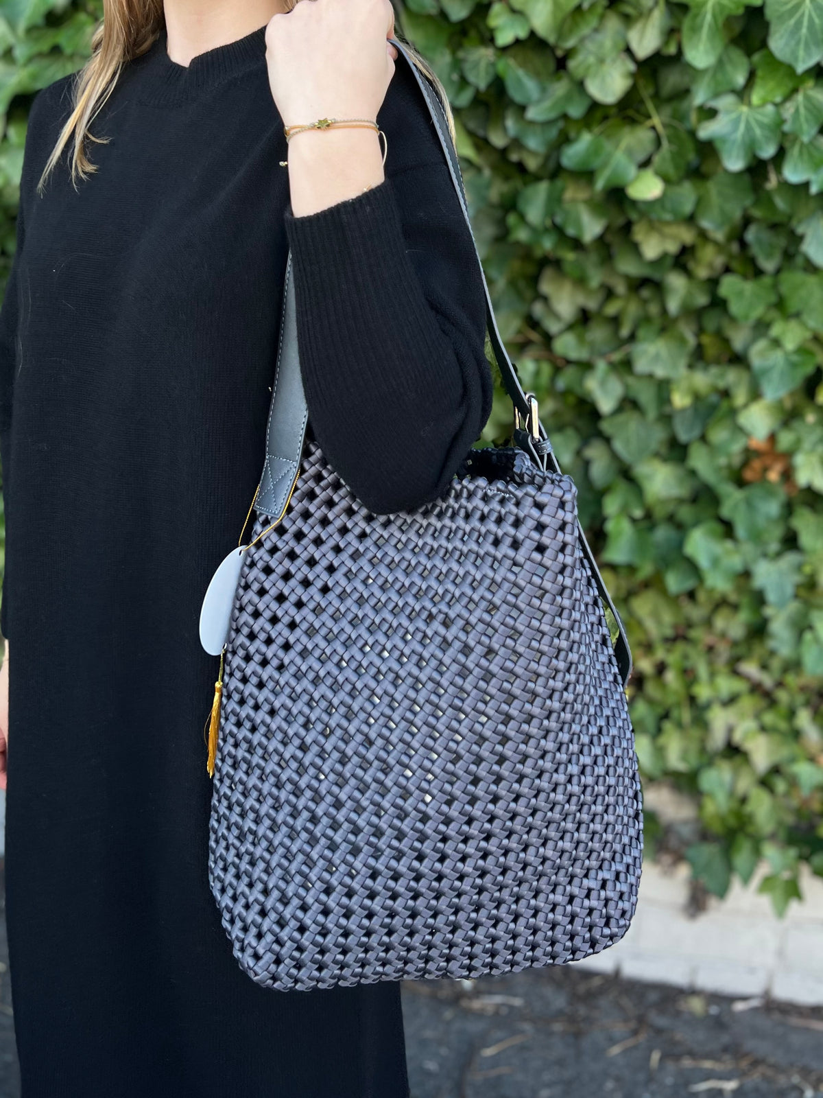 L’ora D'oro Bag Slouchy Woven Silk Tote with inner pouch Charcoal