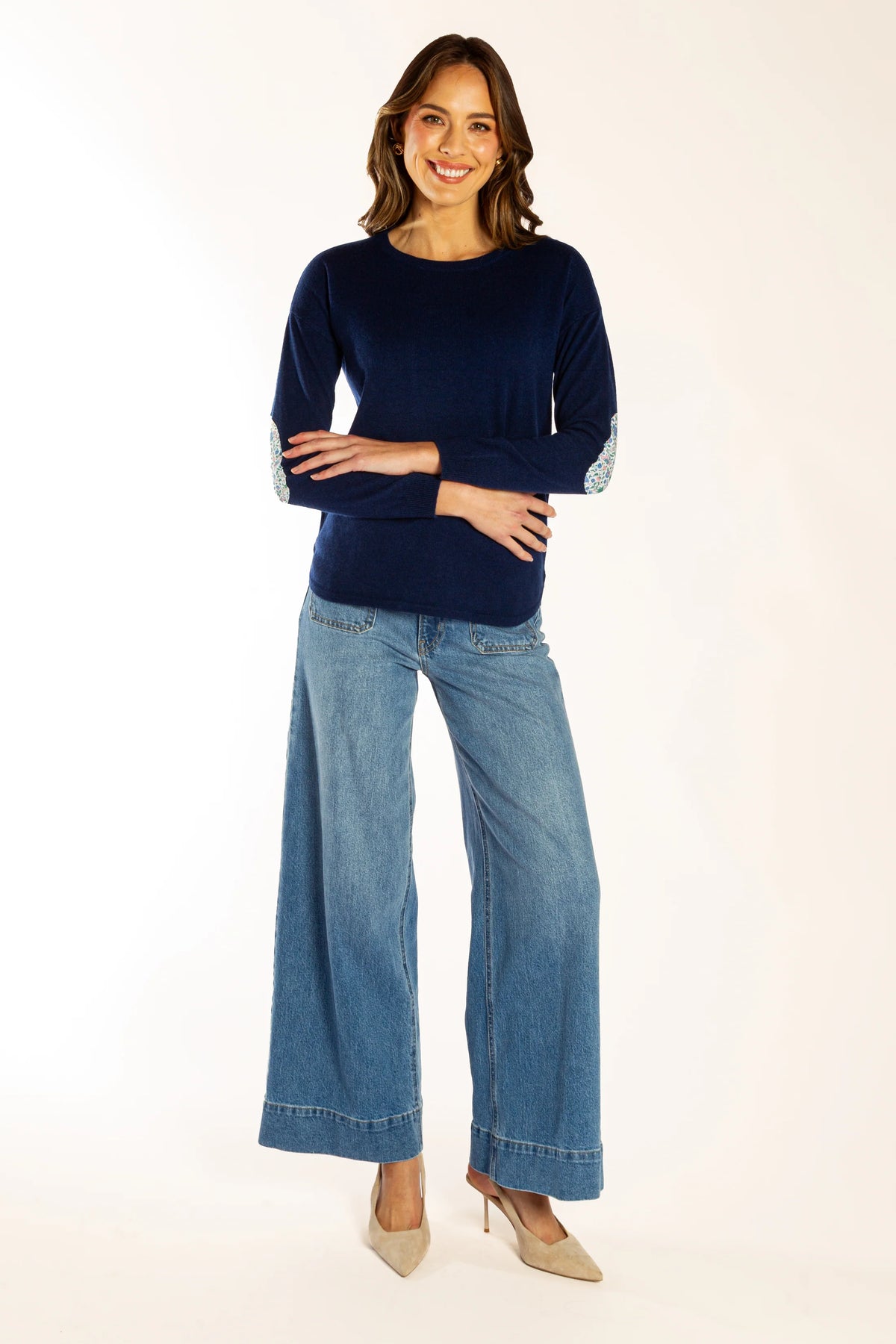 Bow And Arrow Jumper Ink Blue Swing w Liberty Elbow Patches