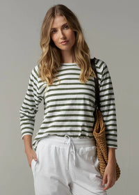 Cloth + Paper + Scissors White/Fairway Green Striped 3/4 Sleeve Tee C1387