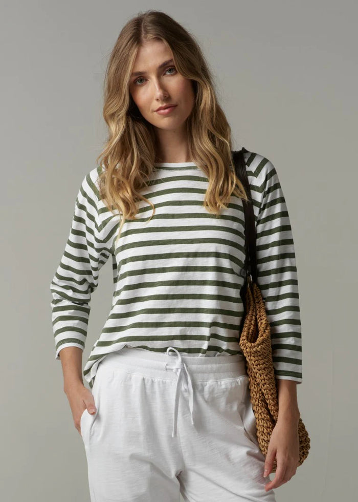 Cloth + Paper + Scissors White/Fairway Green Striped 3/4 Sleeve Tee C1387