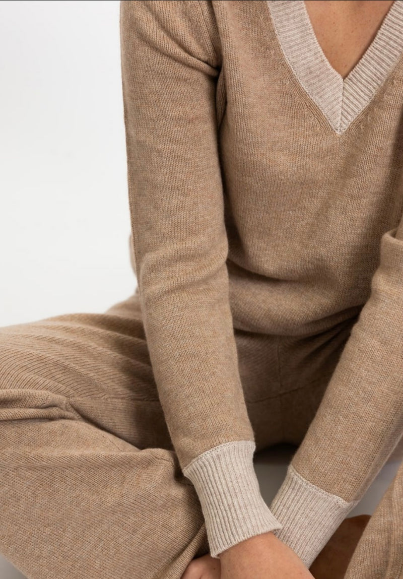 Bow And Arrow Camel Ribbed V Neck Cashmere Blend