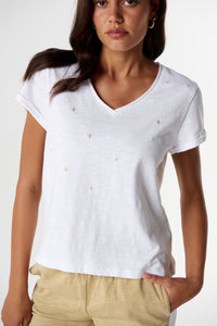 Cloth + Paper + Scissors Tee V Neck Embroidered White/Safari C13029-59