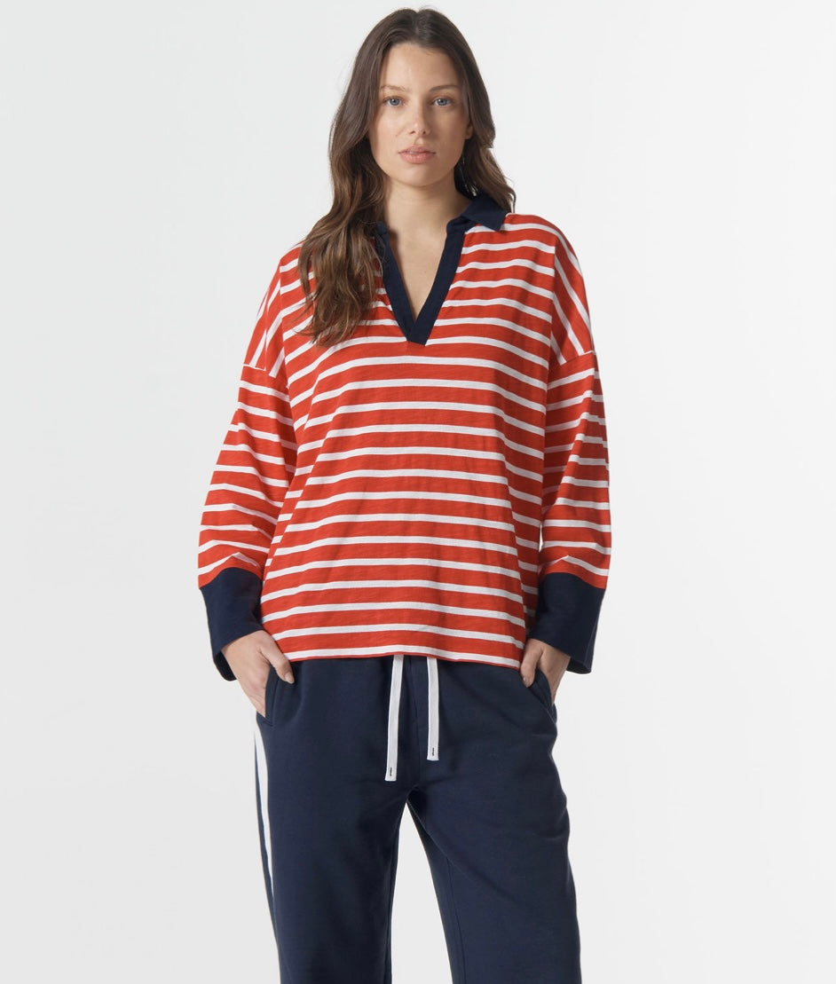 Cloth Paper Scissors Top Polo Breezy Stripe White/Salsa/Navy