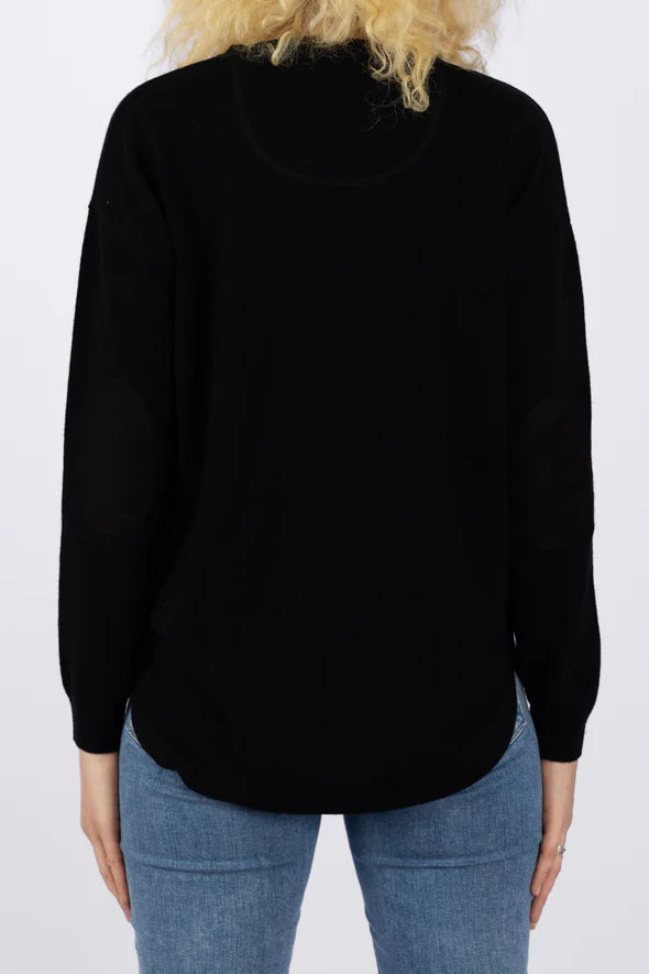 Bow and Arrow Black Merino Wool/Cashmere Swing Jumper with Black Patches
