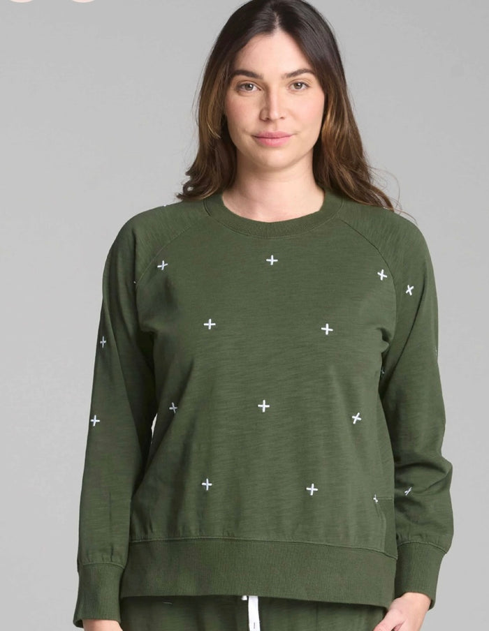 Cloth Paper Scissors Cotton Slub Cross Embroidered Sweater Bronze Green