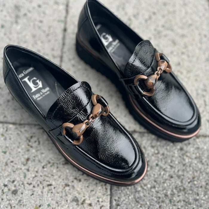 Luca Grossi Black Patent Chunky Loafer with front  tortoiseshell-accented hardware K052M