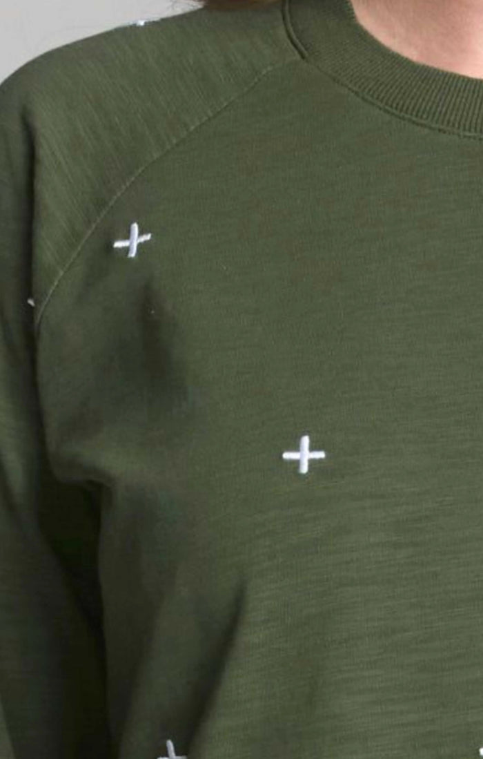 Cloth Paper Scissors Cotton Slub Cross Embroidered Sweater Bronze Green