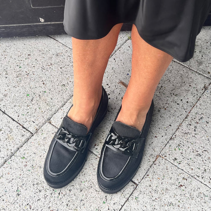Luca Grossi Black Pony Loafer with Metal front hardware G882M