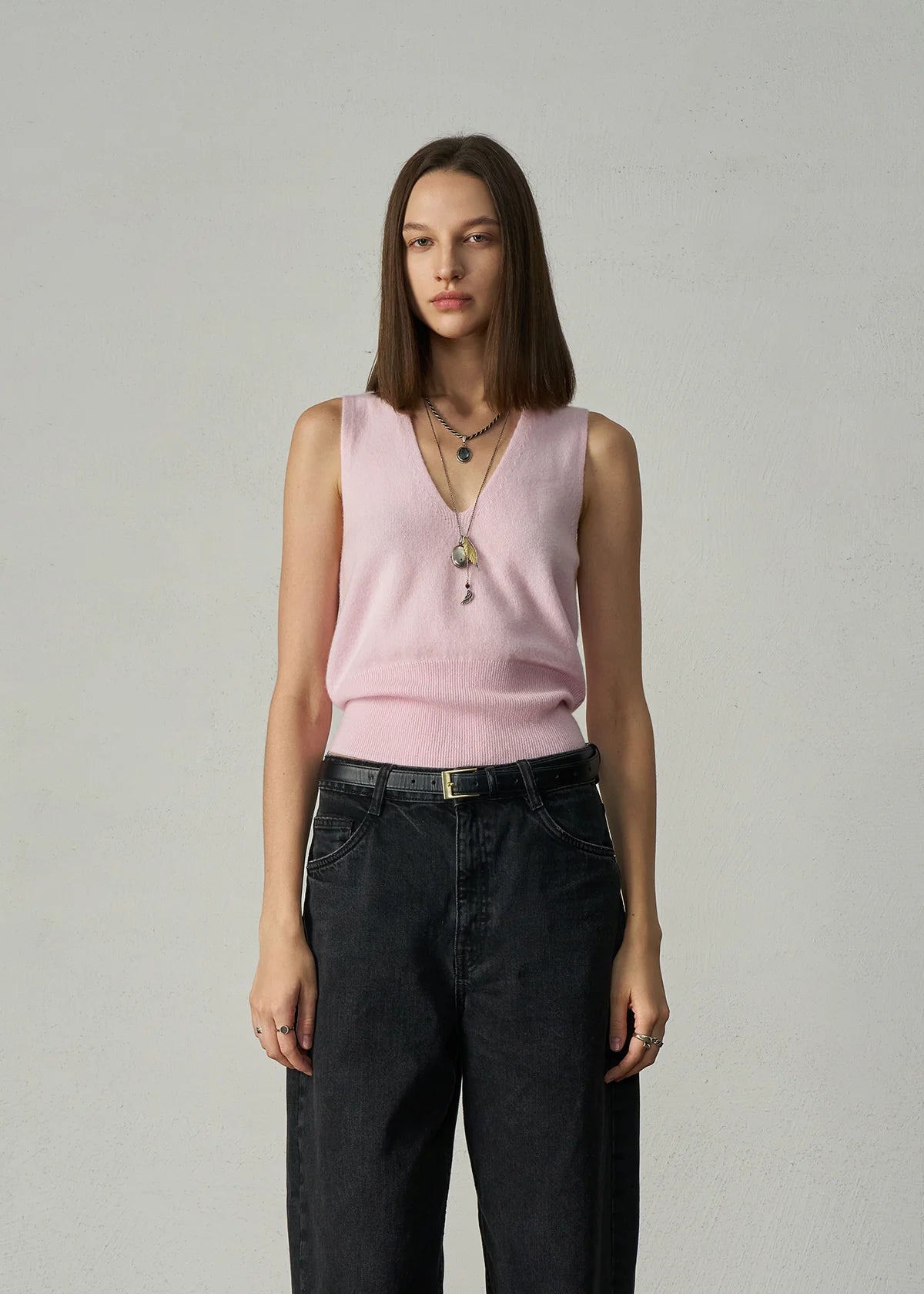 Aleger Vest Cashmere Low V Pearl Pink N2180