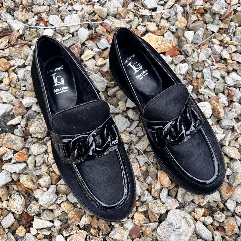 Luca Grossi Black Pony Loafer with Metal front hardware G882M