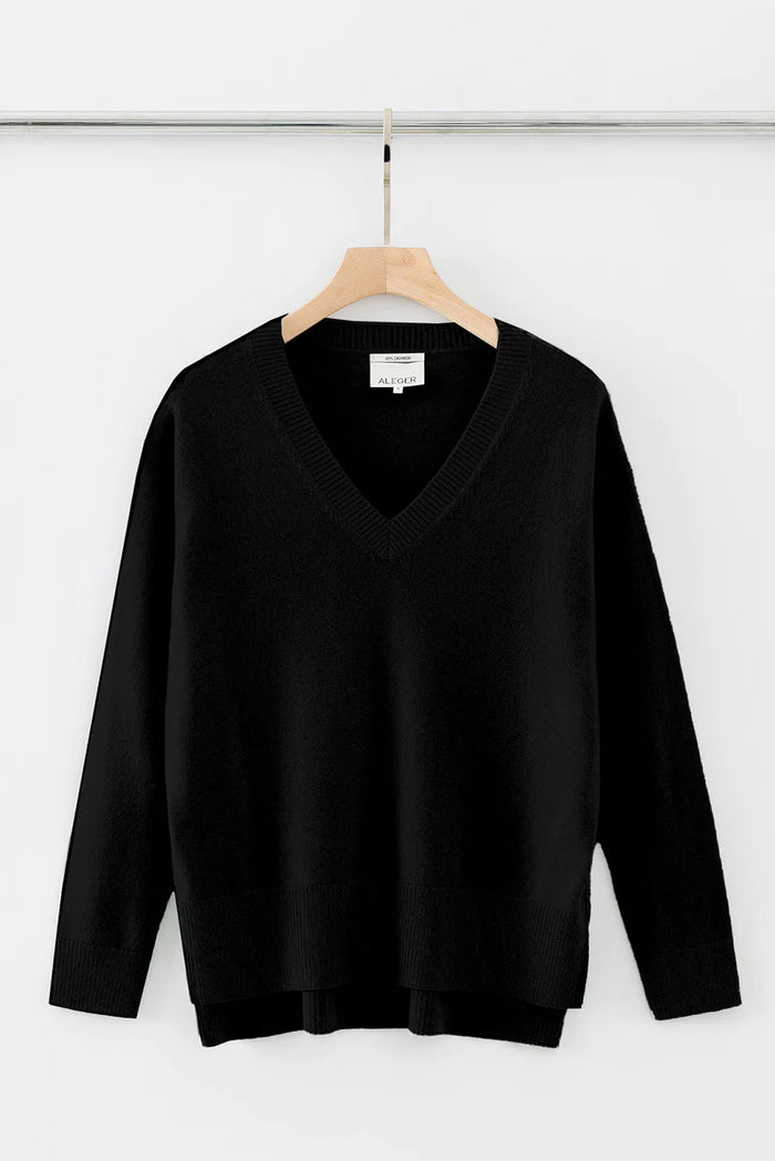 ALEGER 100% Cashmere Oversized High Low V Neck Black 2104