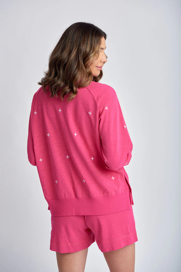 Cloth Paper Scissors Sweater Embroidered Cross Raspberry/White C1834