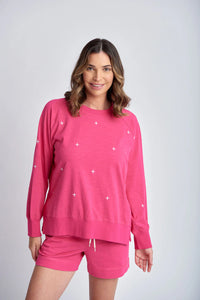 Cloth Paper Scissors Sweater Embroidered Cross Raspberry/White C1834