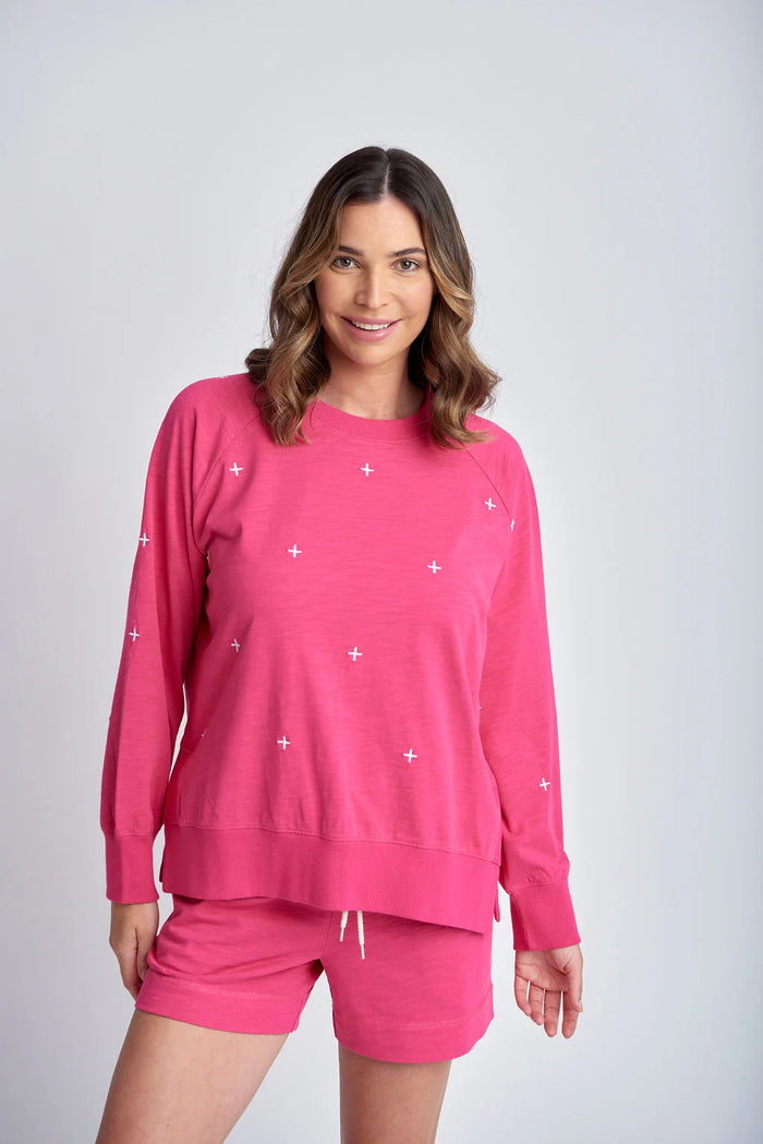 Cloth Paper Scissors Sweater Embroidered Cross Raspberry/White C1834