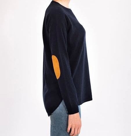 Bow and Arrow Navy Swing Jumper with Tan Patch