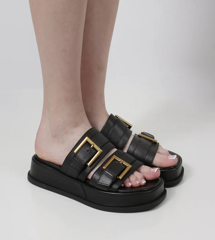 Beau Coops black slide with gold buckle 055-23506-RODU2