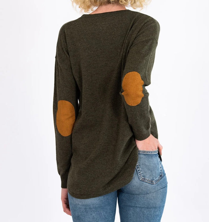 Bow and Arrow Khaki Swing Jumper with Tan Patches